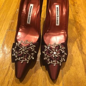 Manolo burgundy red satin heels